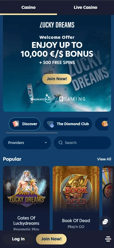 Lucky Dreams Casino mobile home screen on a smartphone
