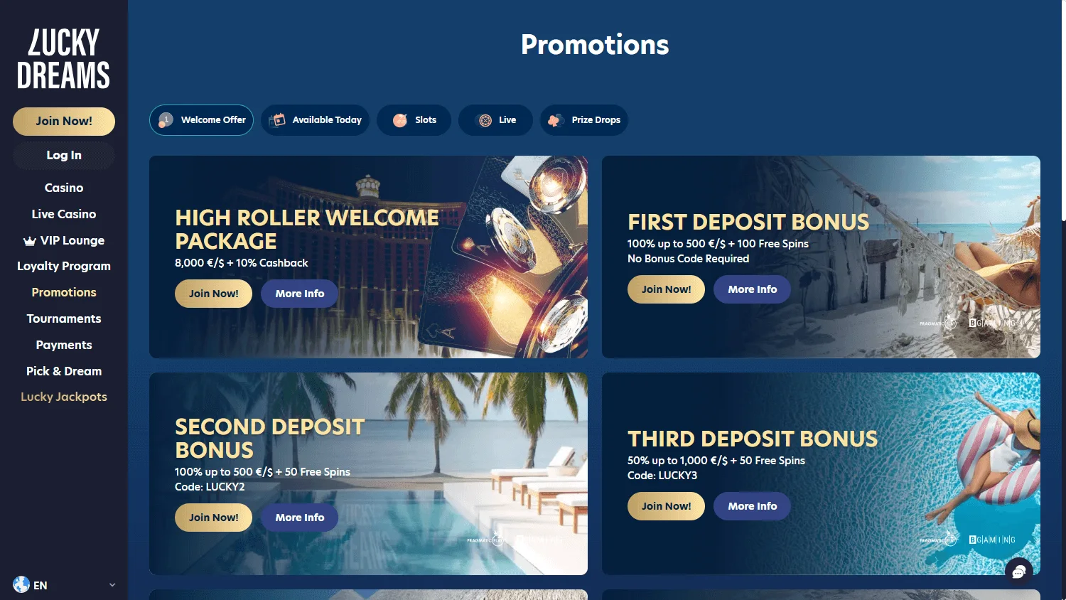 Lucky Dreams Casino desktop promotions area with recurring offers