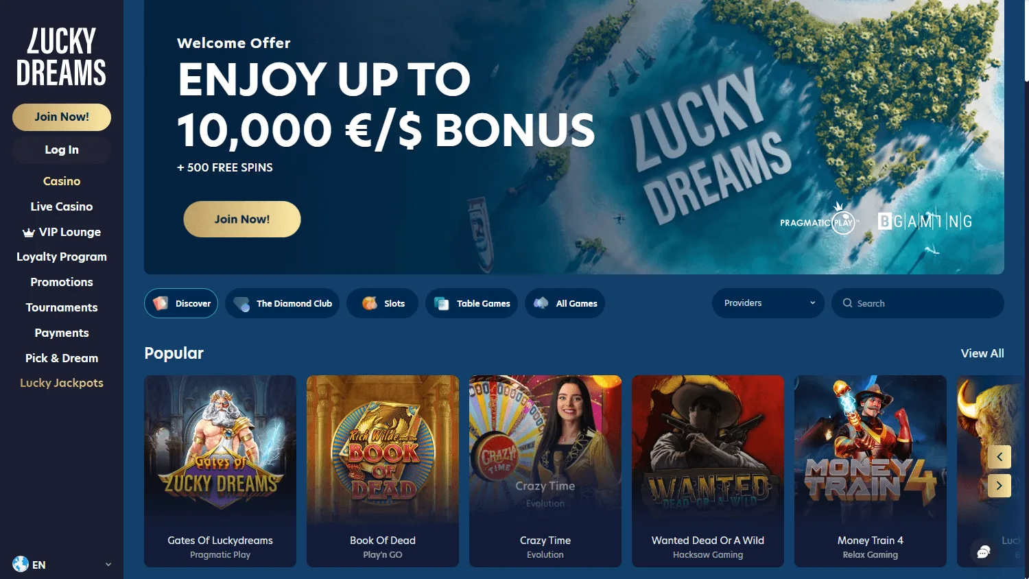 Lucky Dreams Casino desktop home screen with casino content